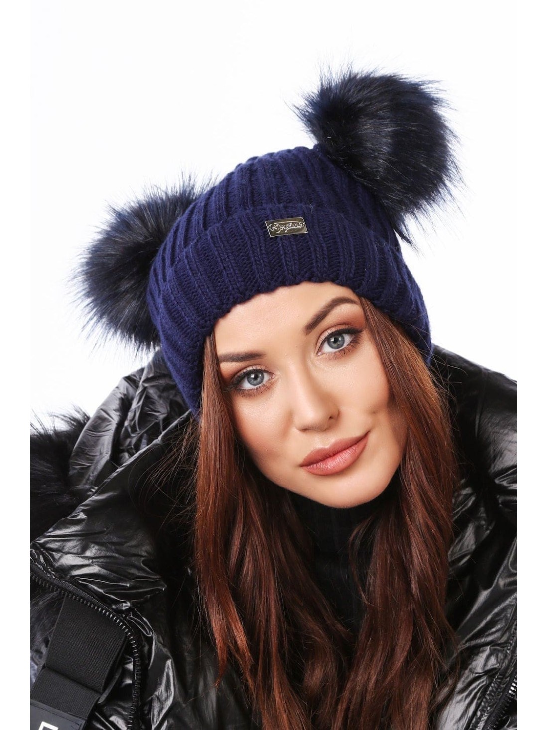 Navy blue winter hat with pompoms C5 - Online store - Boutique